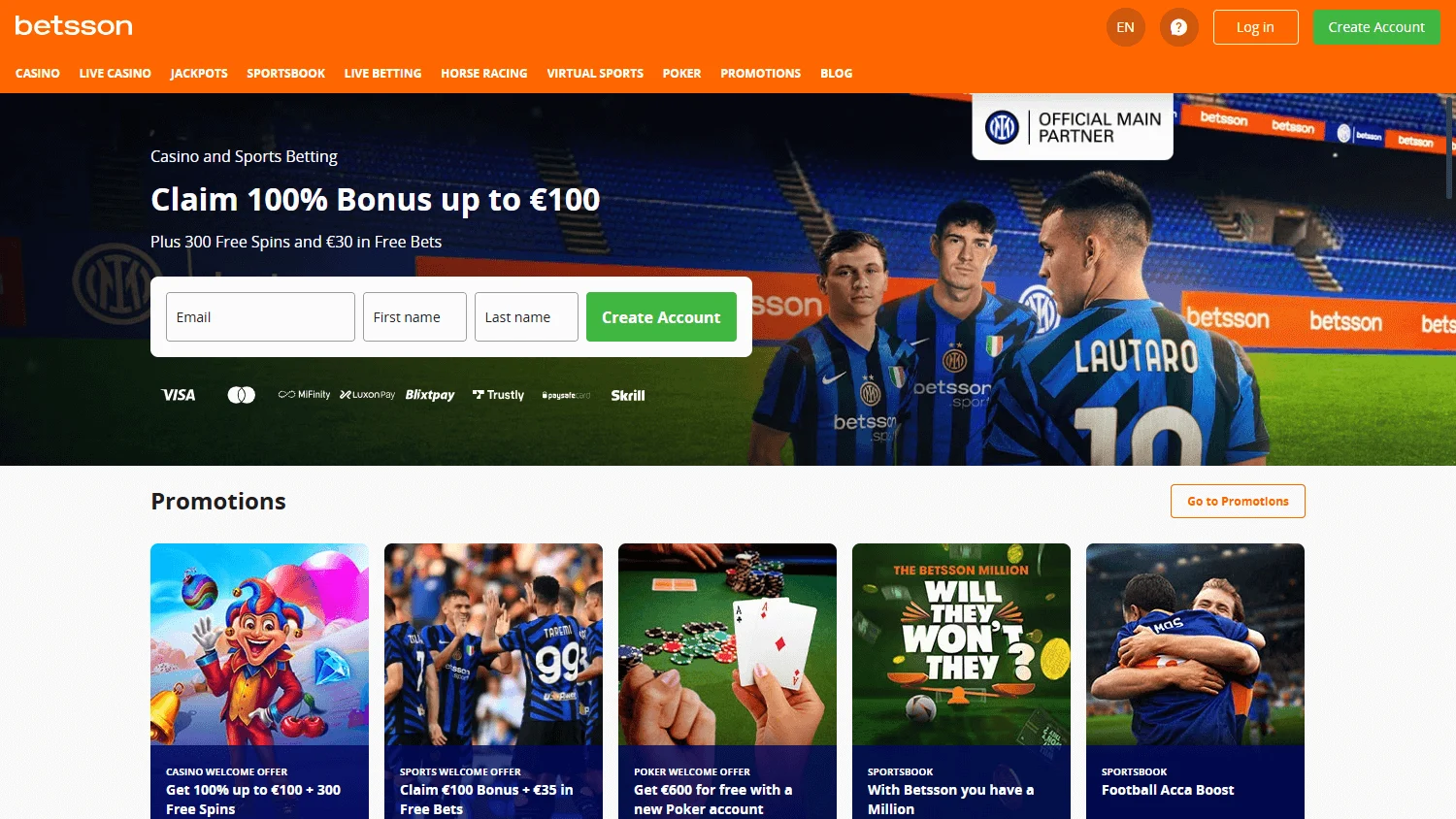 Betsson casino lobby on desktop